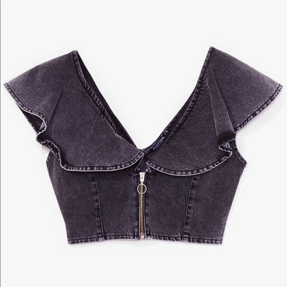 Nasty Gal Tops - NASTY GAL | Collar Detail Denim Crop Top in Washed Black